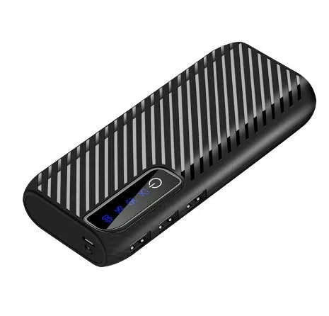 Black 20000mAh mini portable power bank showing dual USB output ports and compact size