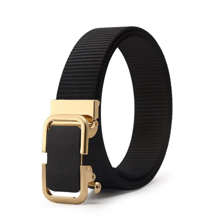Men's navy blue nylon canvas belt with a silver alloy toothless buckle on a 120cm strap.