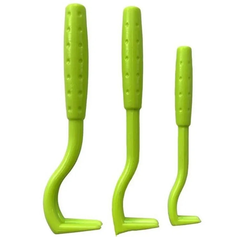 Set of three blue or green plastic pet tick and flea removal clips with hook design.