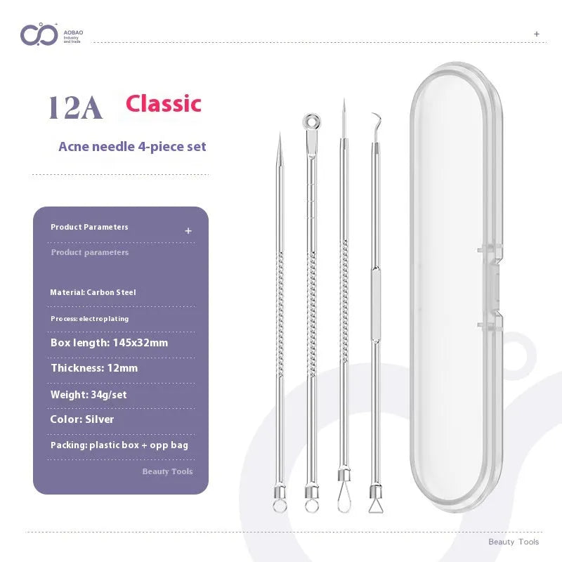 Four-piece metal acne needle set with ultra-fine pointed tips for blackhead removal