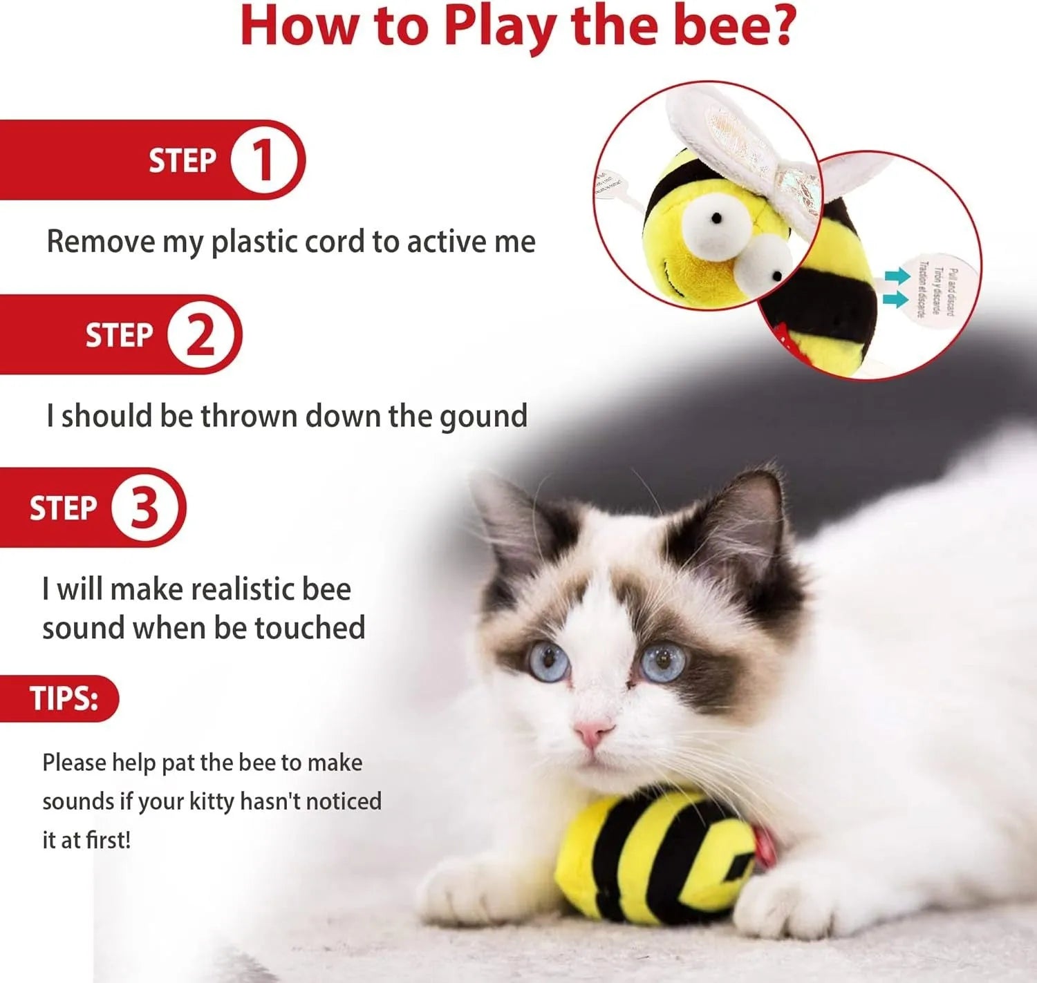Yellow bee-shaped electronic cat toy with motion-activated squeaking mechanism for interactive indoor play