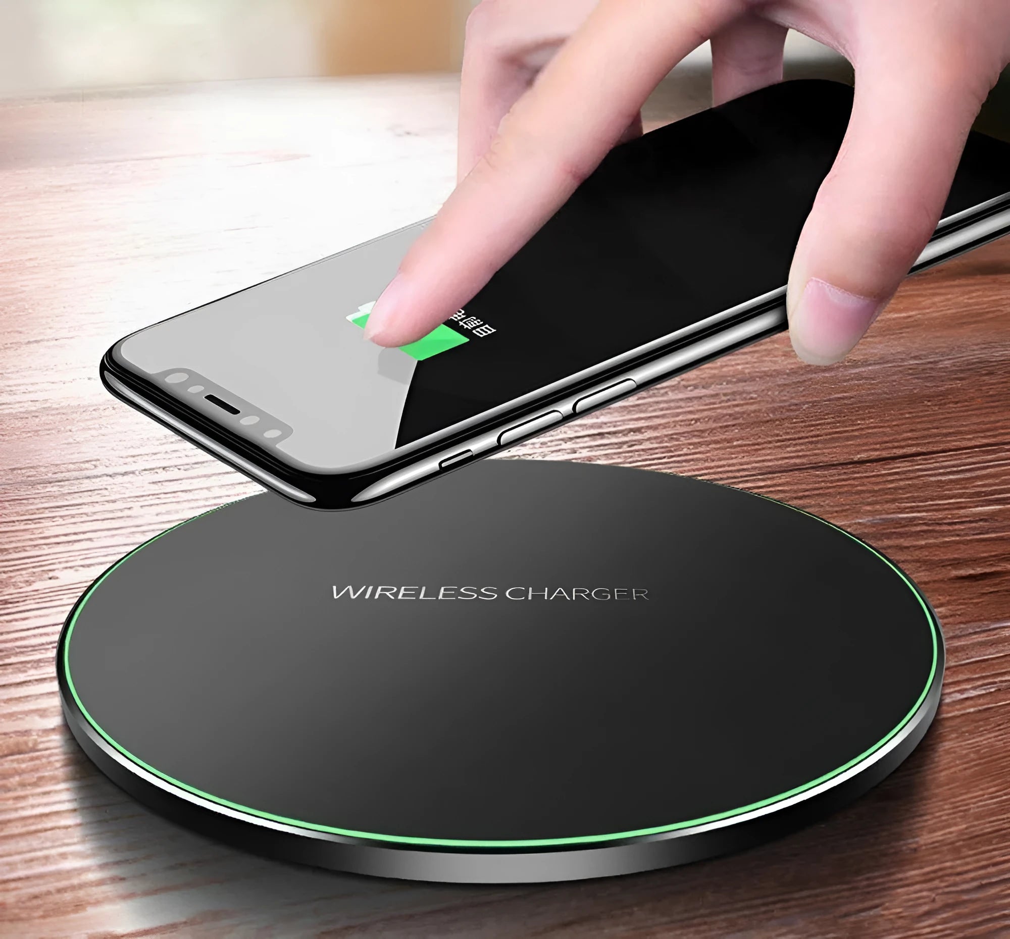 Ultra-thin matte black wireless charging pad with 9V fast charging and 98mm square dimensions