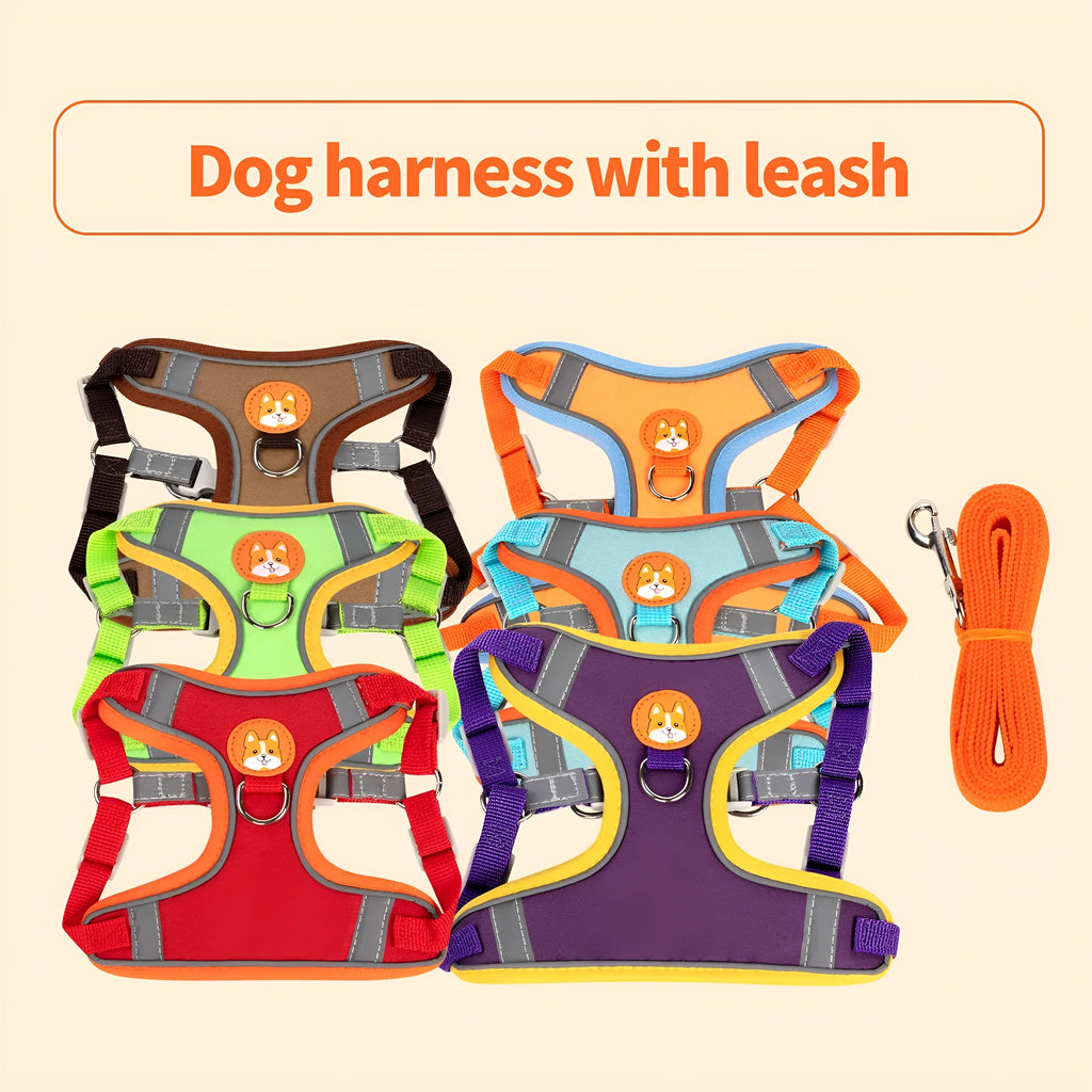 Adjustable dog harness vest in six colours with haulage rope leash attachment