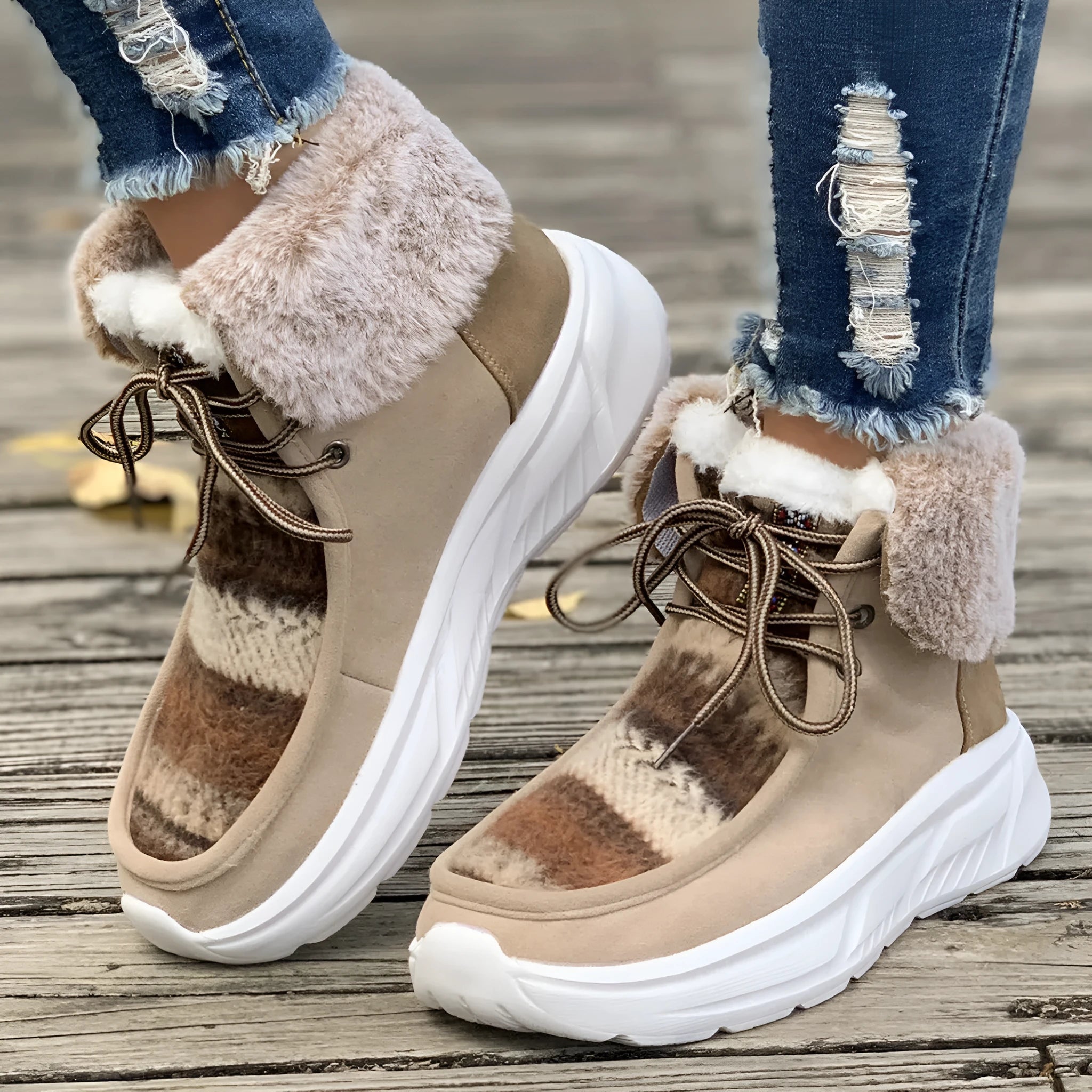 Women's lace-up snow boots with suede upper, plush lining, and platform sole