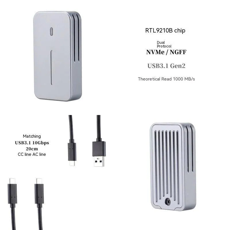 Aluminium alloy 10Gbps SSD enclosure with dual protocol support measuring 52mm x 28mm x 10mm