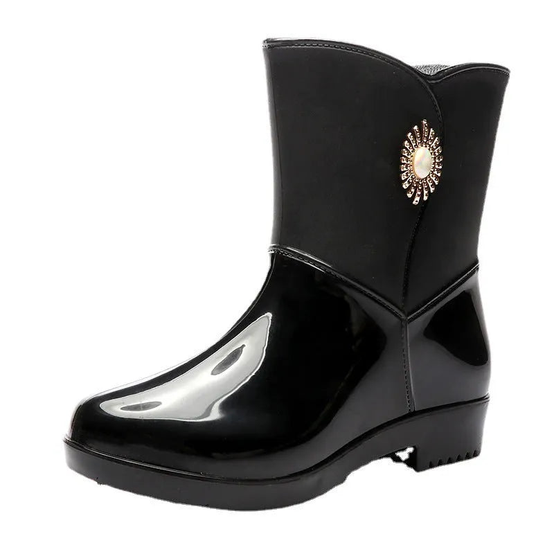Women's middle tube rain boots in purple, black, and beige colours with non-slip soles