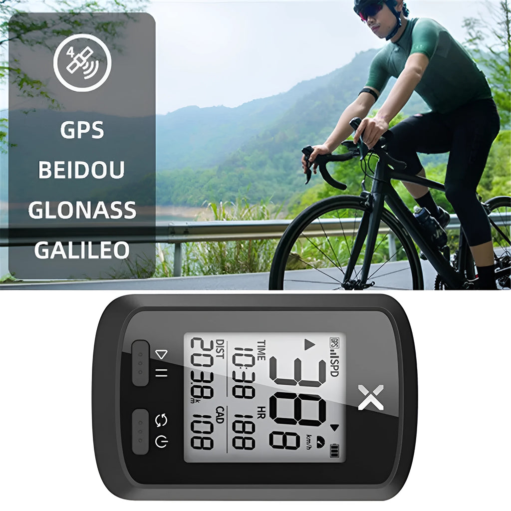 Black plastic waterproof digital stopwatch for bicycle riding on handlebars.