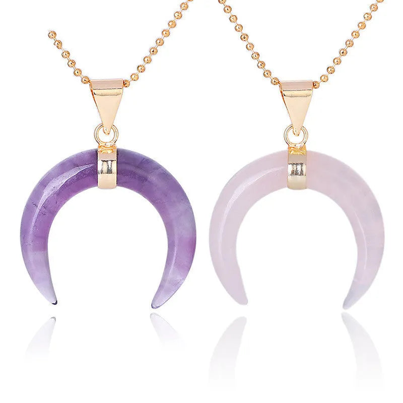 Natural stone moon pendant necklace with copper chain in pink or purple colour options