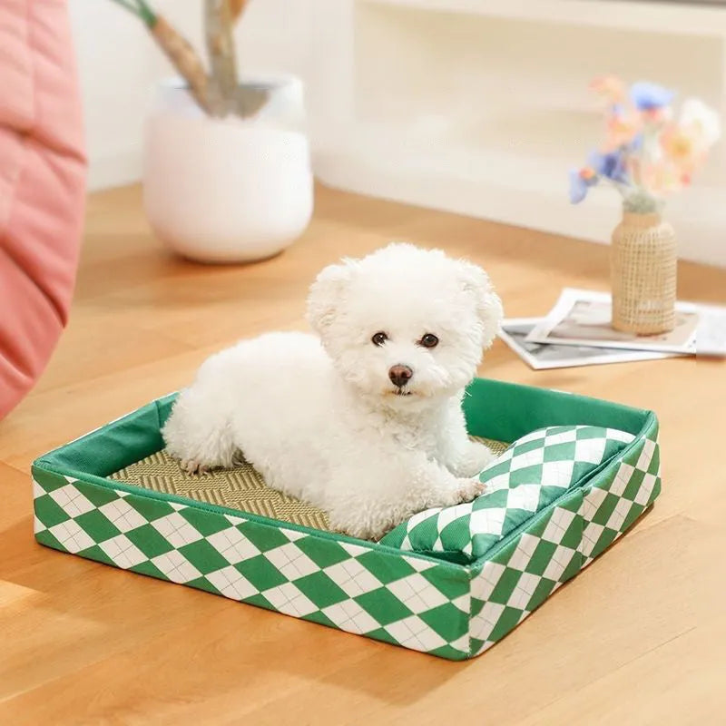 Blue rattan-textured cat litter mat and bed next to a litter tray