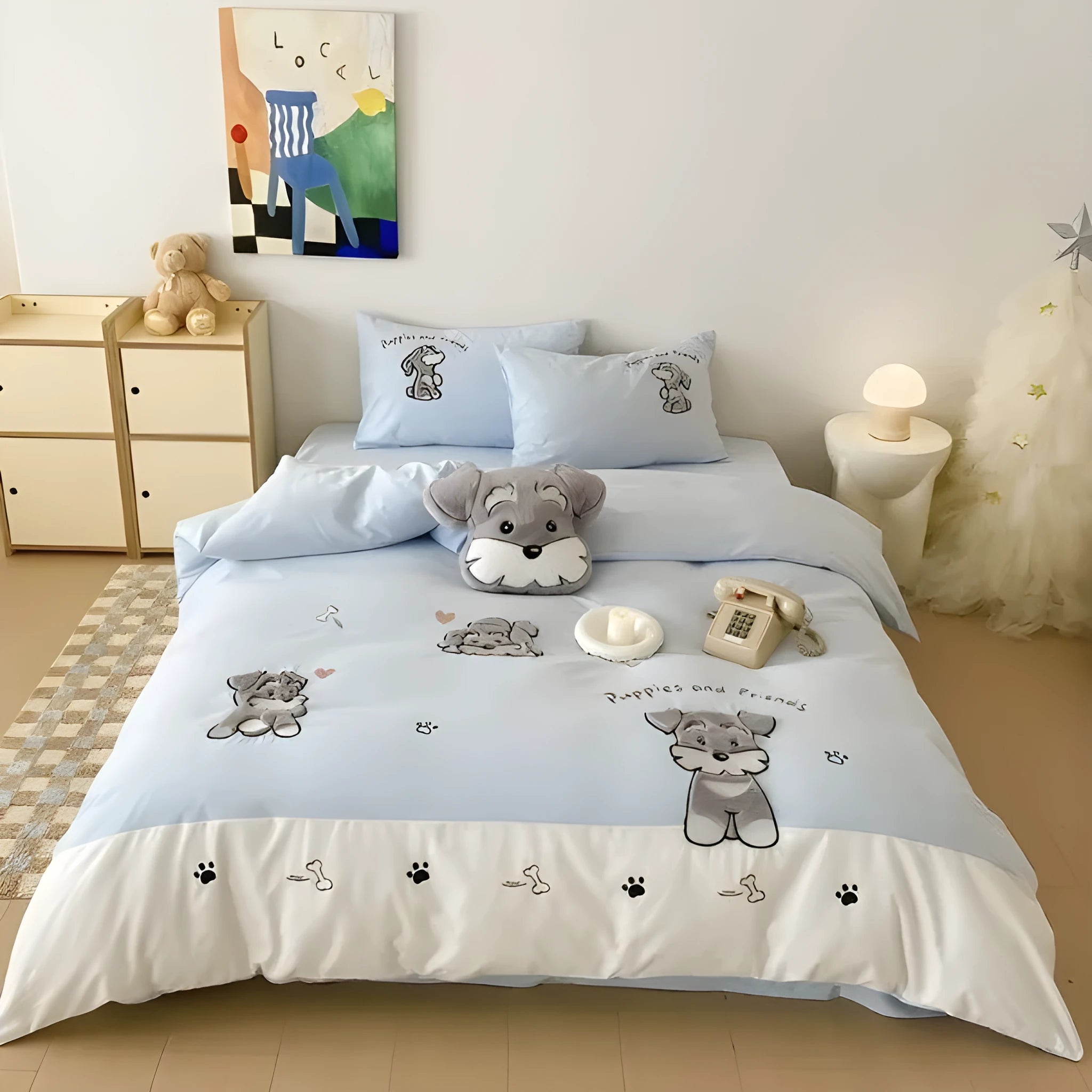 Cartoon Schnauzer cotton bedding set with embroidery details on quilt cover and pillowcases