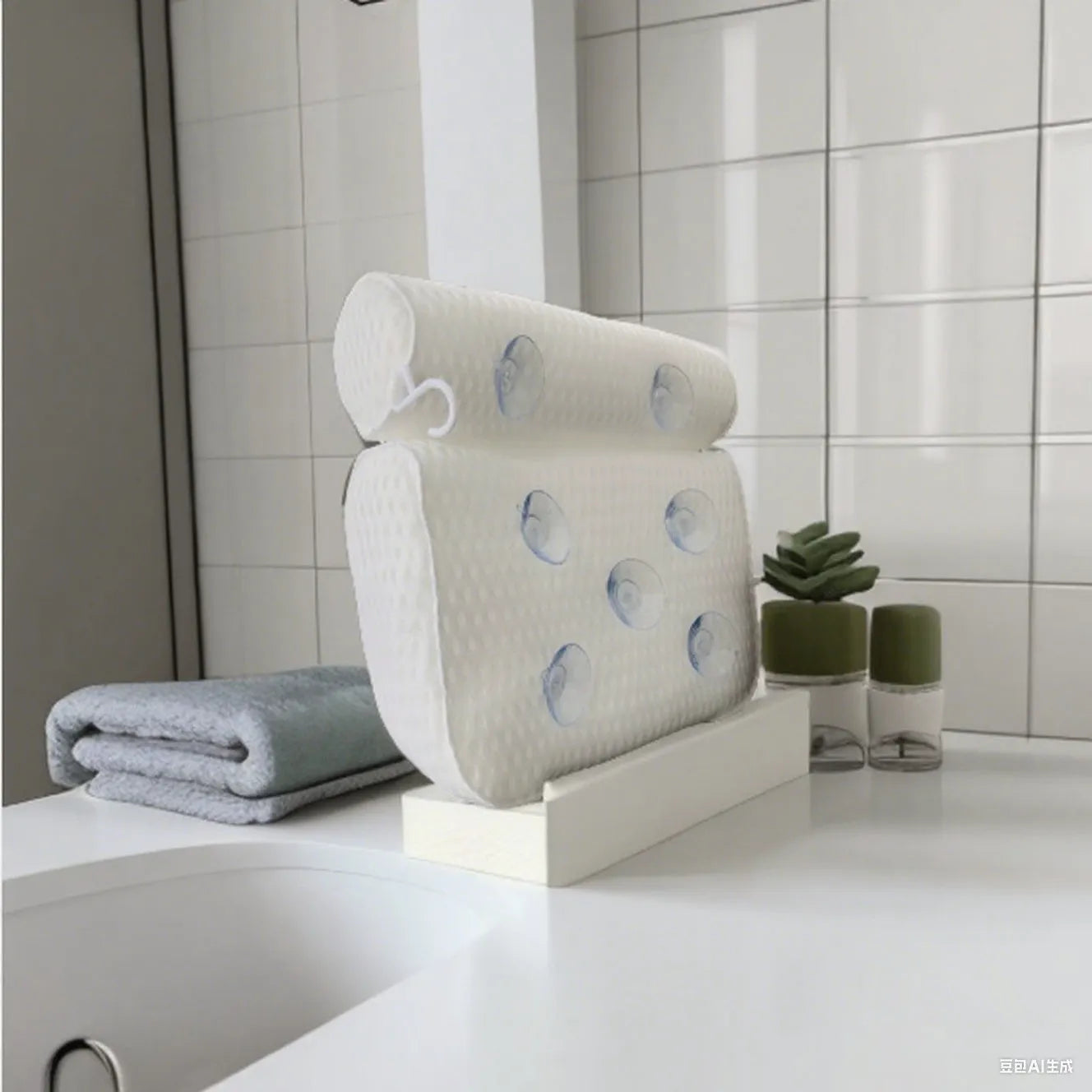 White 3D mesh bathtub pillow with seven suction cups on a bathtub.