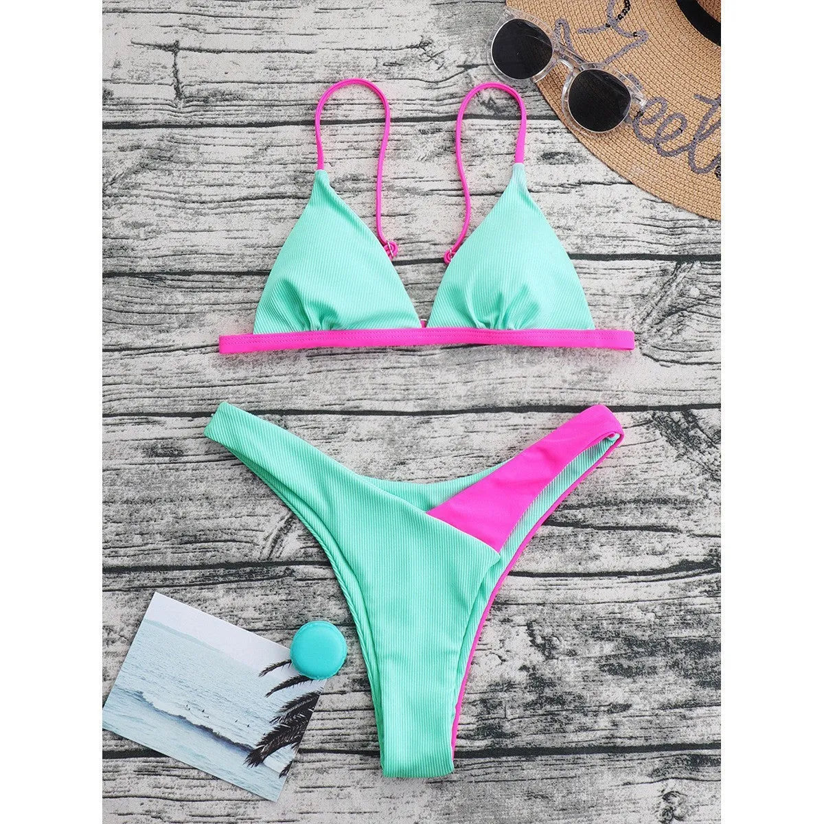 Women's swimsuit briefs in nylon fabric showing Pattern 1 and Pattern 2 colour options