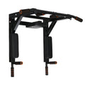 Black steel wall-mounted fitness rack with parallel bars for pull-up exercises