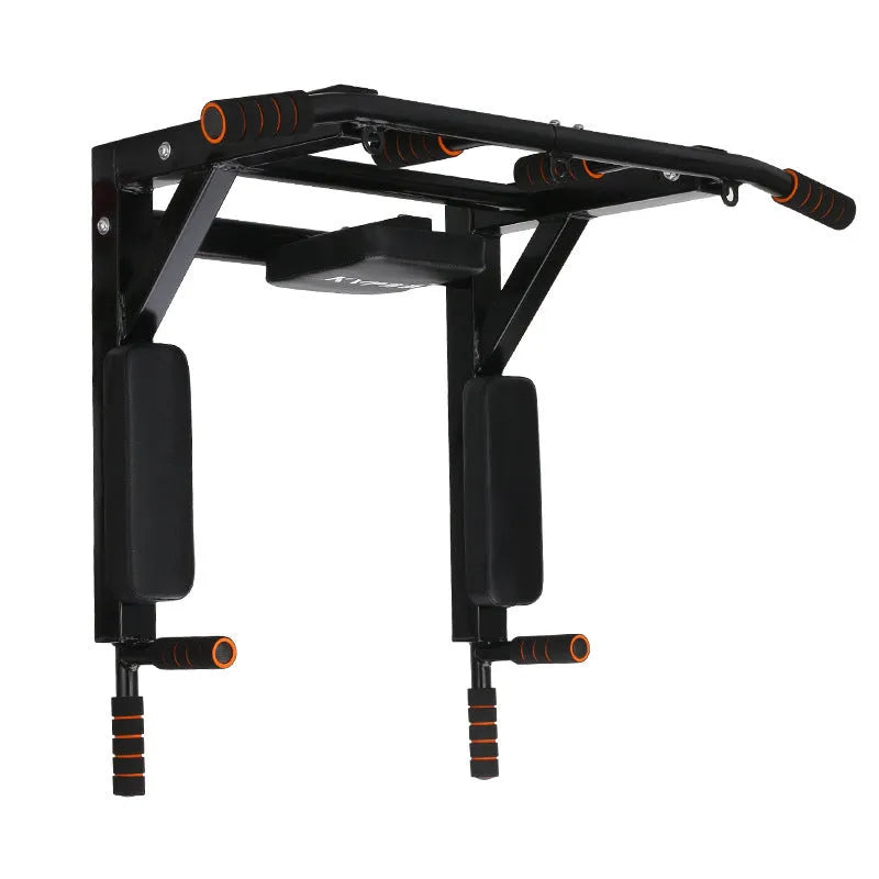 Black steel wall-mounted fitness rack with parallel bars for pull-up exercises