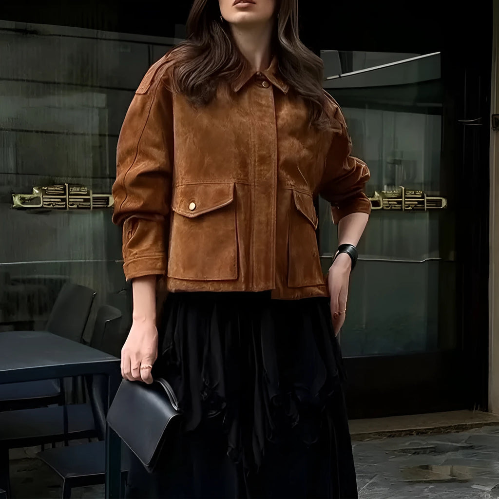 Women's bright brown polyester suede coat with regular sleeves, street chic design