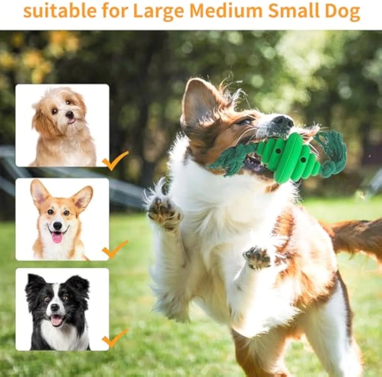 Green and yellow silicone dog ball with rope handle for tug-of-war and treat dispensing