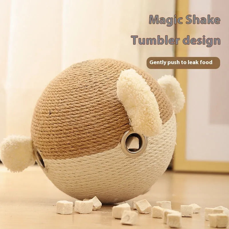 Puffer leakage food feeder, a 15cm sisal hemp cube puzzle toy for dogs and cats.