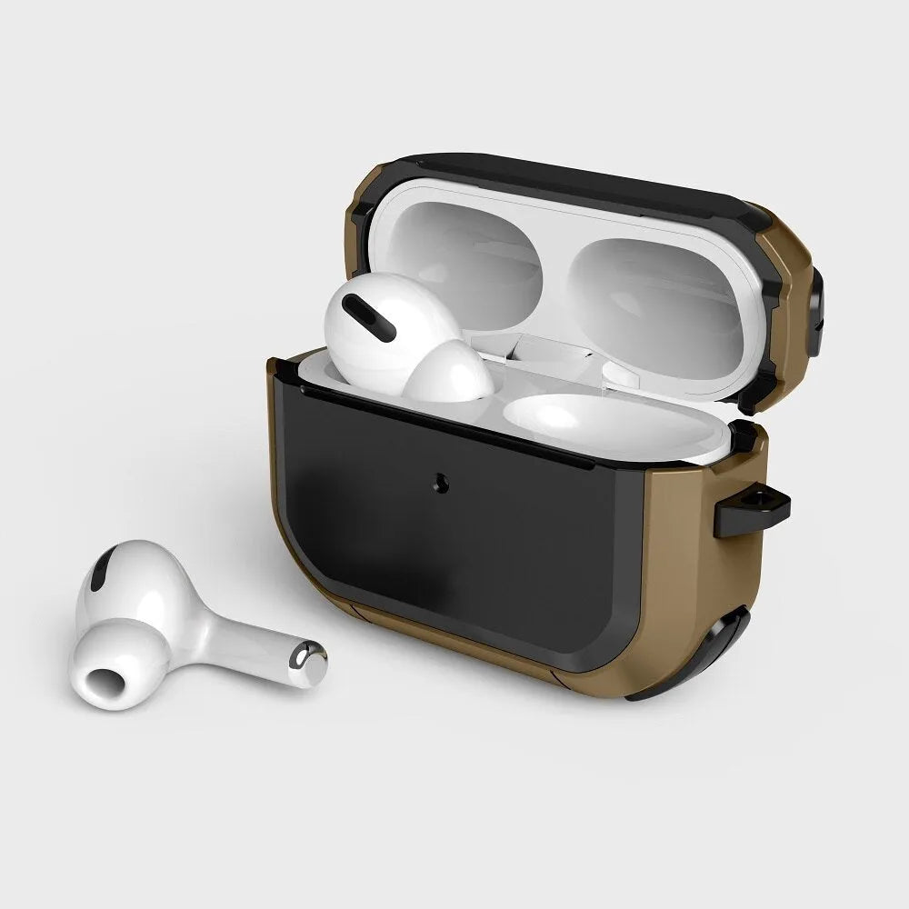 Black TPU and PC protective case for Apple AirPods Pro earbuds sitting on a table.