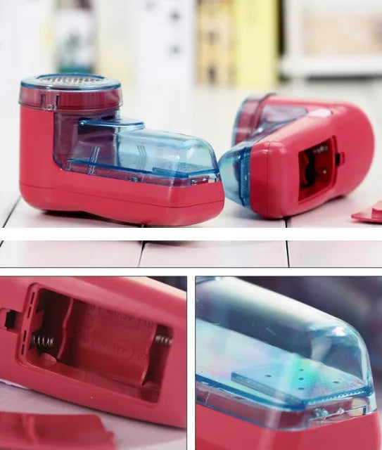 White portable electric lint remover for clothing, showing compact size and USB-C charging port.