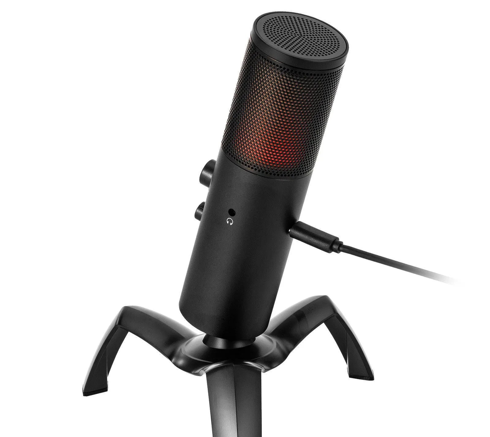 Black Q18 condenser microphone with RGB lighting on an adjustable metal tripod