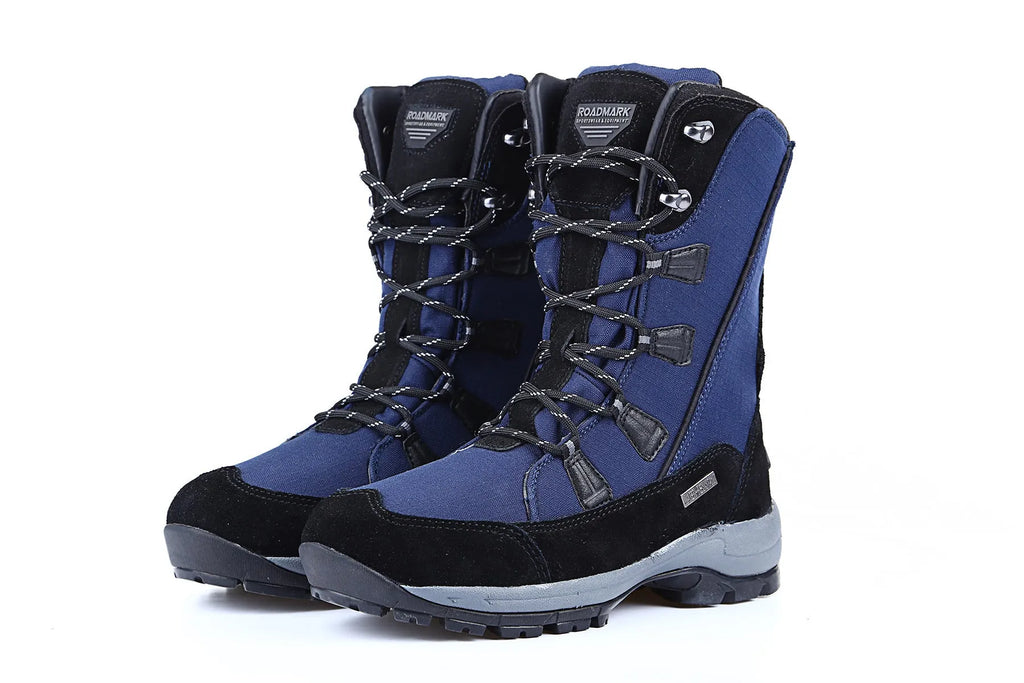 Women's genuine leather thermal snow boots in black, mid-calf length with rubber sole