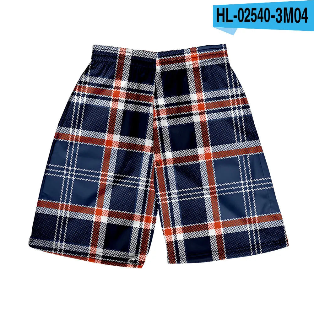 Men's plaid pattern casual shorts with an elastic waistband, shown in a straight-leg style.