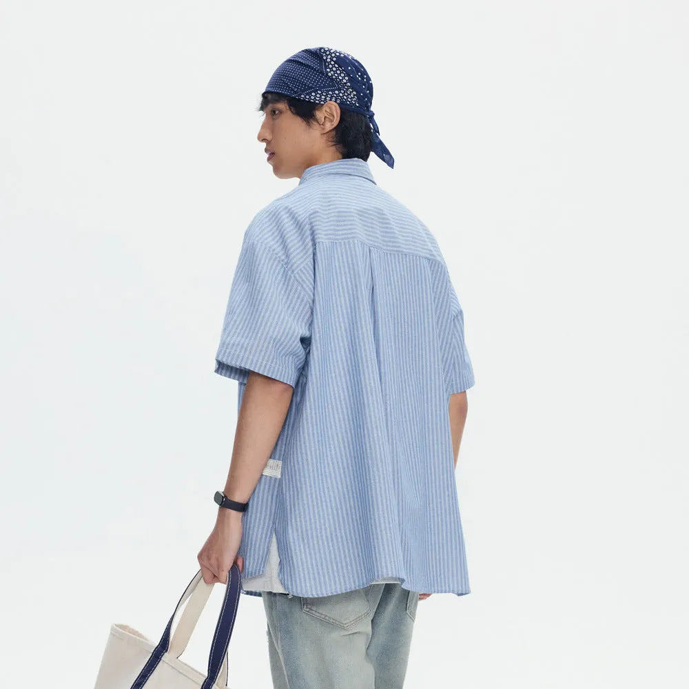 Blue striped loose-fitting short-sleeved overalls shirt for men and women