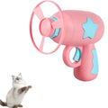 Blue plastic cat toy gun with spinning Frisbee launcher for indoor feline entertainment