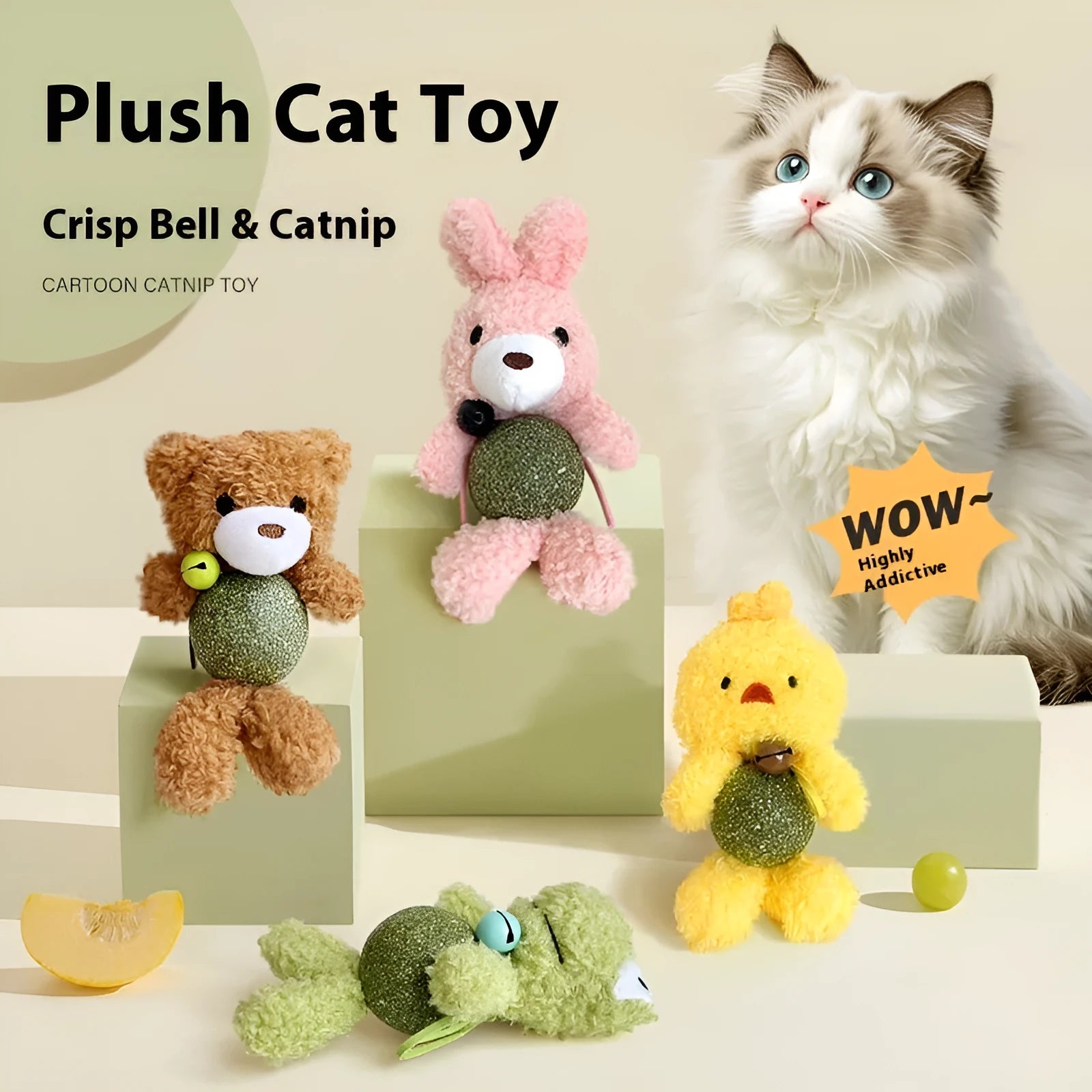 Brown bear plush cat toy with a bell, next to a mint ball, showing its 15cm height.