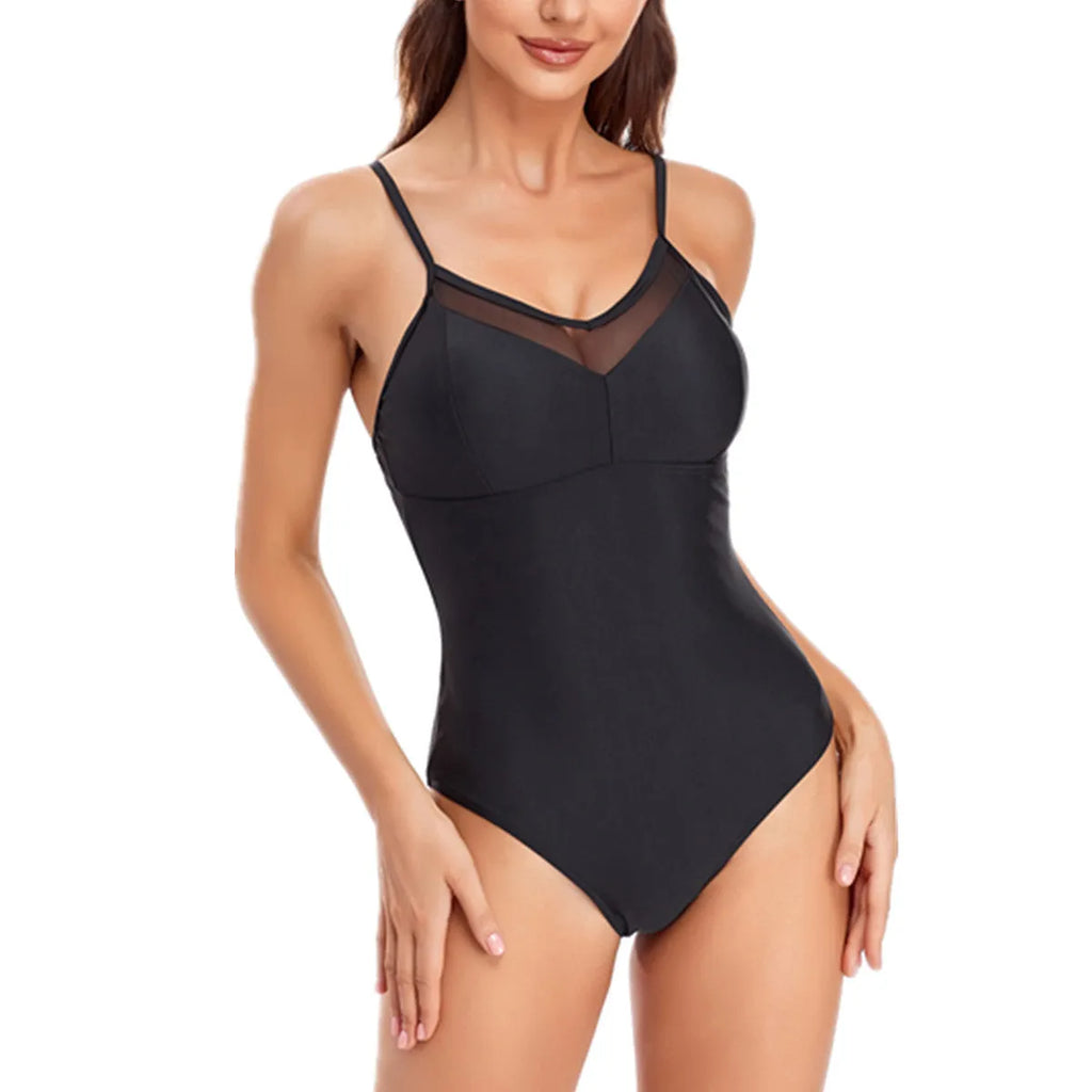 Ladies solid color backless one-piece swimsuit in black or blue with high elasticity tight fit