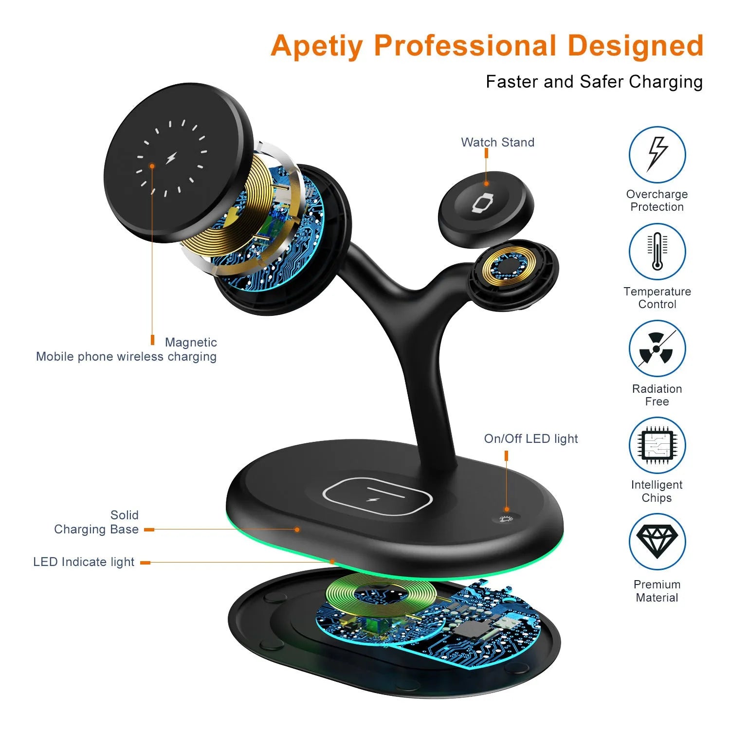 Black three-in-one magnetic wireless charger with ABS construction showing charging surface