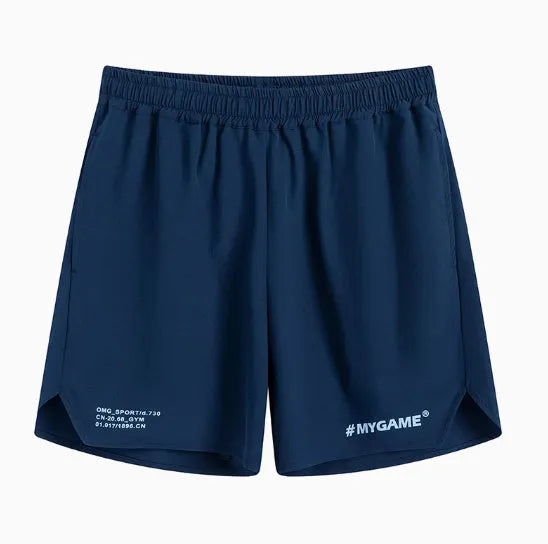 Men's training shorts in black, blue, grey, and white colours from a front view.