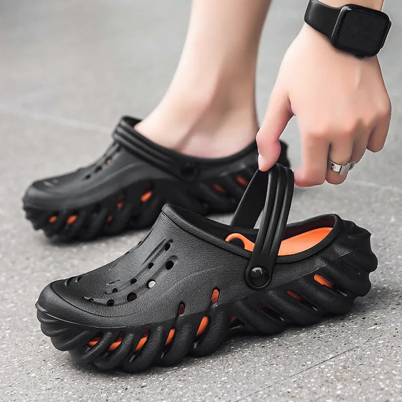 Men's beige EVA outdoor sandals with hollow out breathable design and non-slip sole