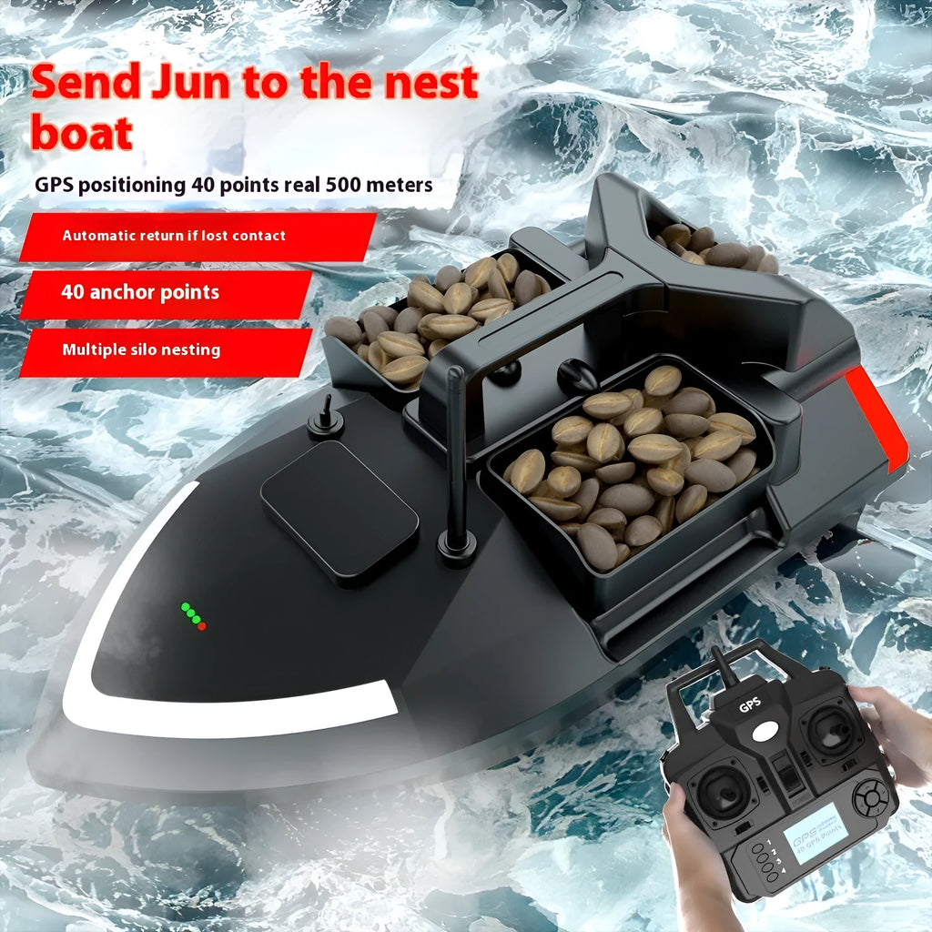 V020 GPS remote control fishing boat in luminous yellow with remote controller, showing LED light and drip bait function.