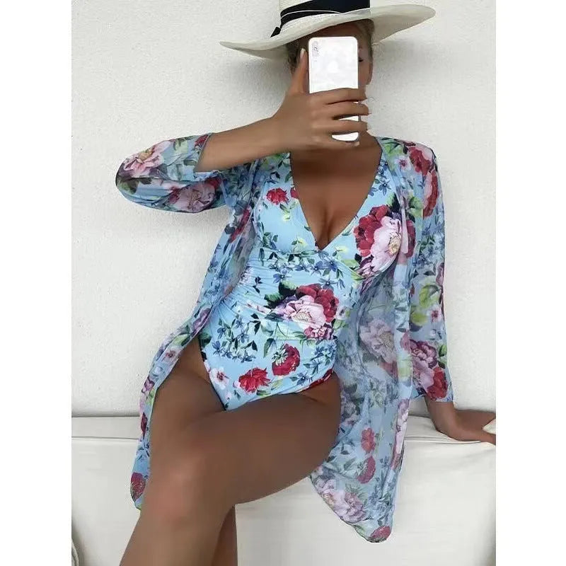 Women's floral patterned tight bikini three-piece suit with coat in seven colour options