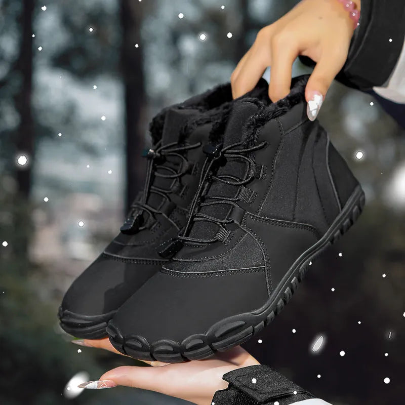 A pair of waterproof fleece-lined outdoor snow boots with a round toe, front laces, and a rubber sole.