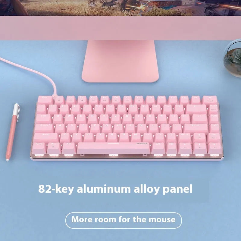 82-key mechanical keyboard with white backlight and metal housing, measuring 31cm × 12cm