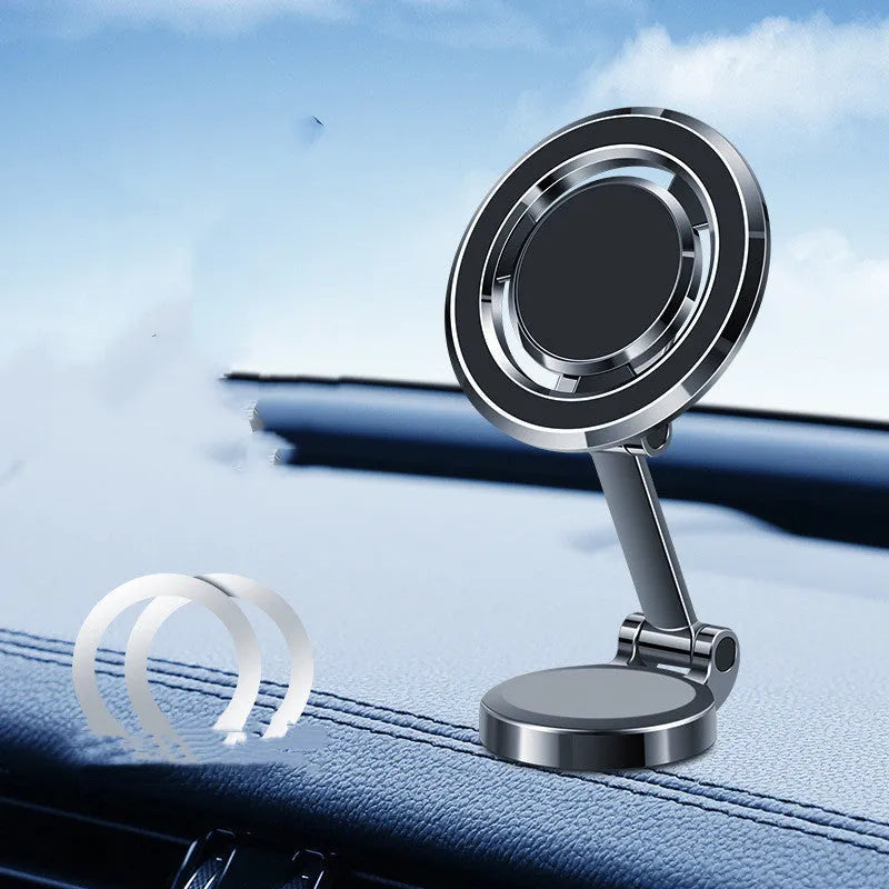 Magnetic car phone mount with flexible clip and adhesive dashboard installation on centre console