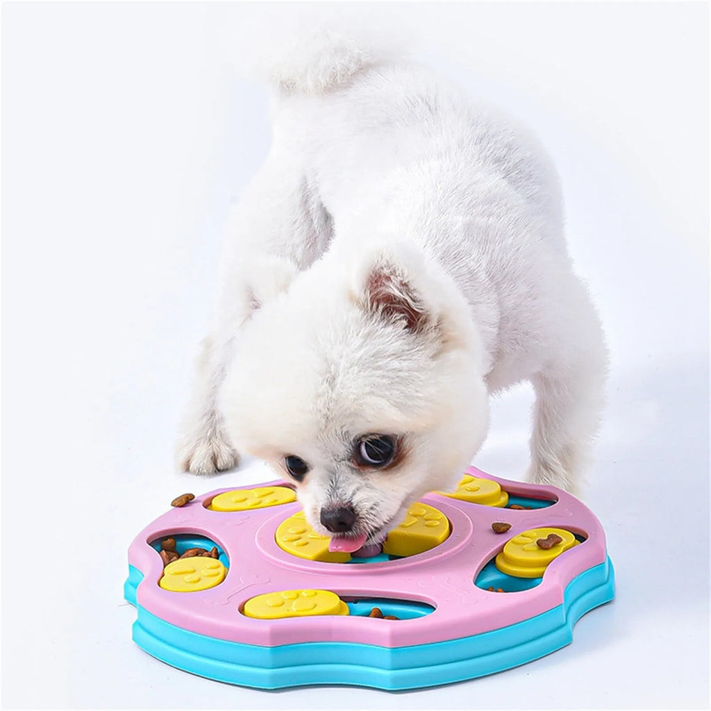 Blue and pink dog puzzle toy food feeder for interactive play and slower eating