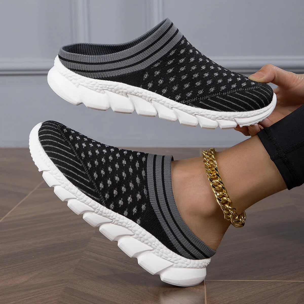 Women's striped flyknit socks semi slippers with hollowed-out design in black, pink and purple colours