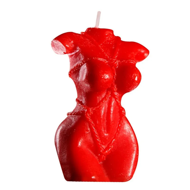 A bikini-shaped low temperature candle made from soy wax, shown in rose red, spring pink, and lilac purple colour options.