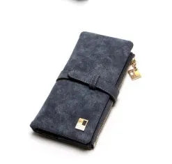Vertical women's long wallet in retro matte Pu leather with zip closure showing interior card slots and phone pocket
