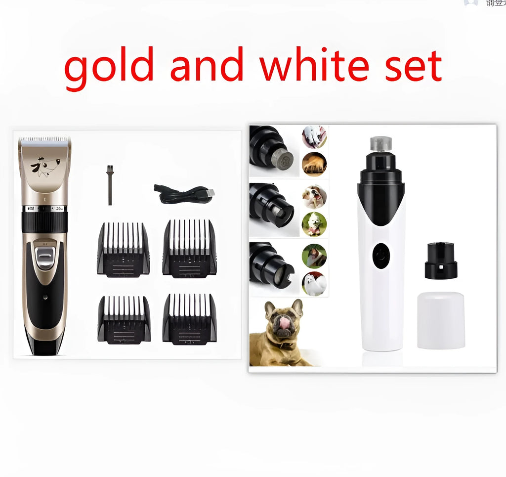 Golden yellow USB rechargeable electric pet clipper set with detachable ceramic blade and limit combs on a white background.