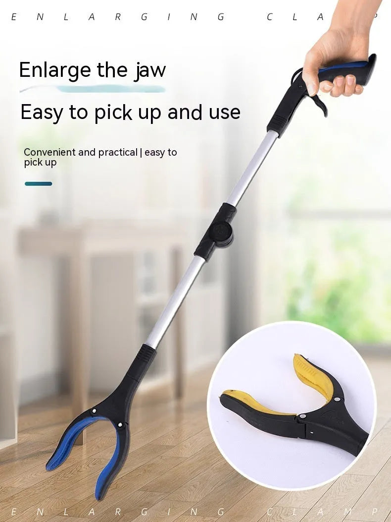 Foldable aluminium sanitation clamp with magnet, shown extended and collapsed with blue handle