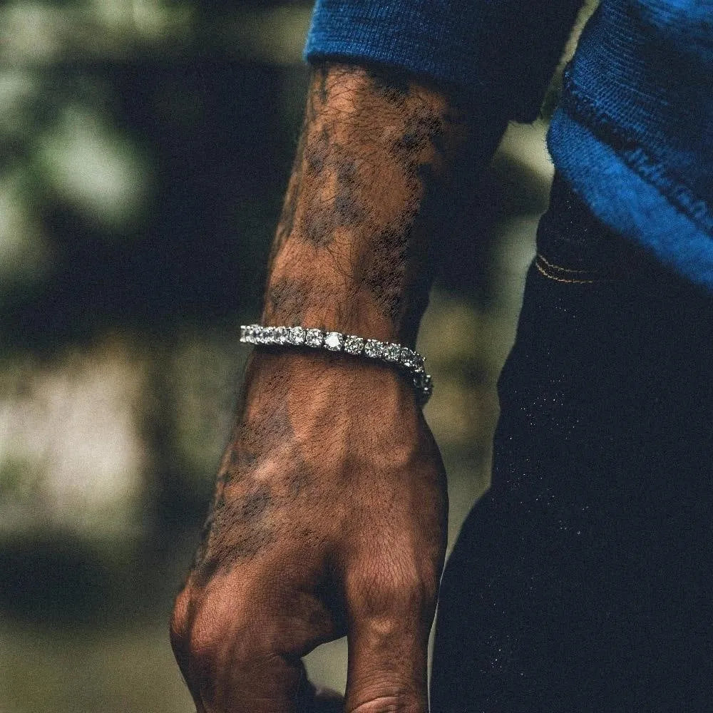 Men's iced out hip hop bracelet with single row rhinestones and zirconia tennis charm on geometric alloy chain links