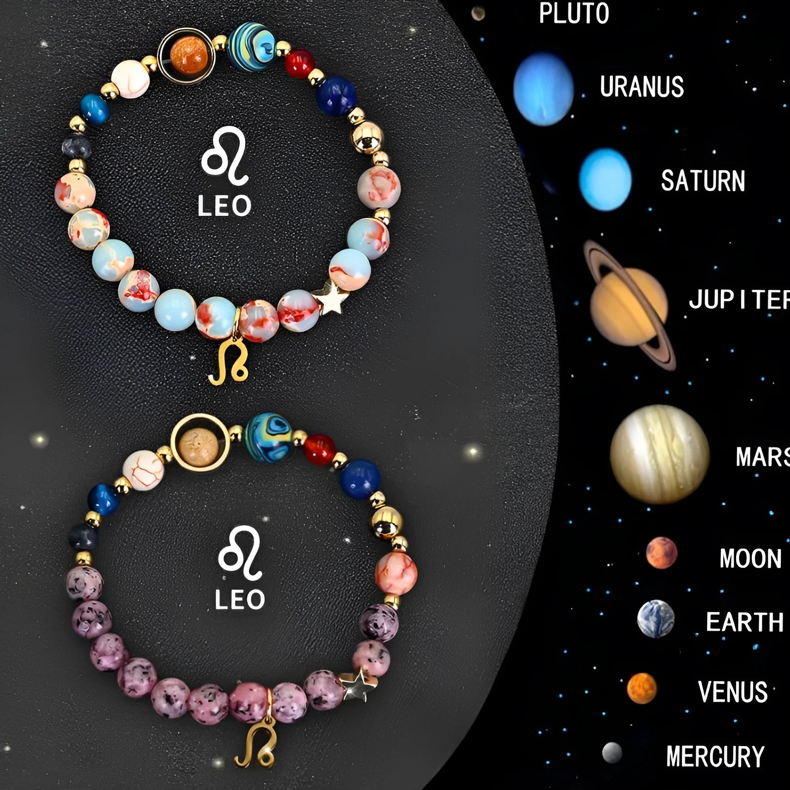 Set of twelve beaded bracelets with natural stone beads and sterling silver zodiac charms on a dark background.