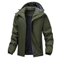 Men's plus size loose fit hooded coat in army green, showing waterproof polyester fabric and front zip.