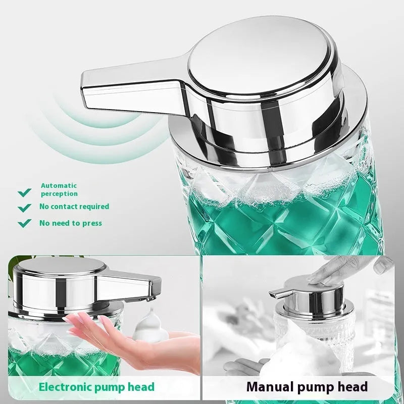 Automatic sensing soap dispenser with silver-plated finish and USB Type-C charging port