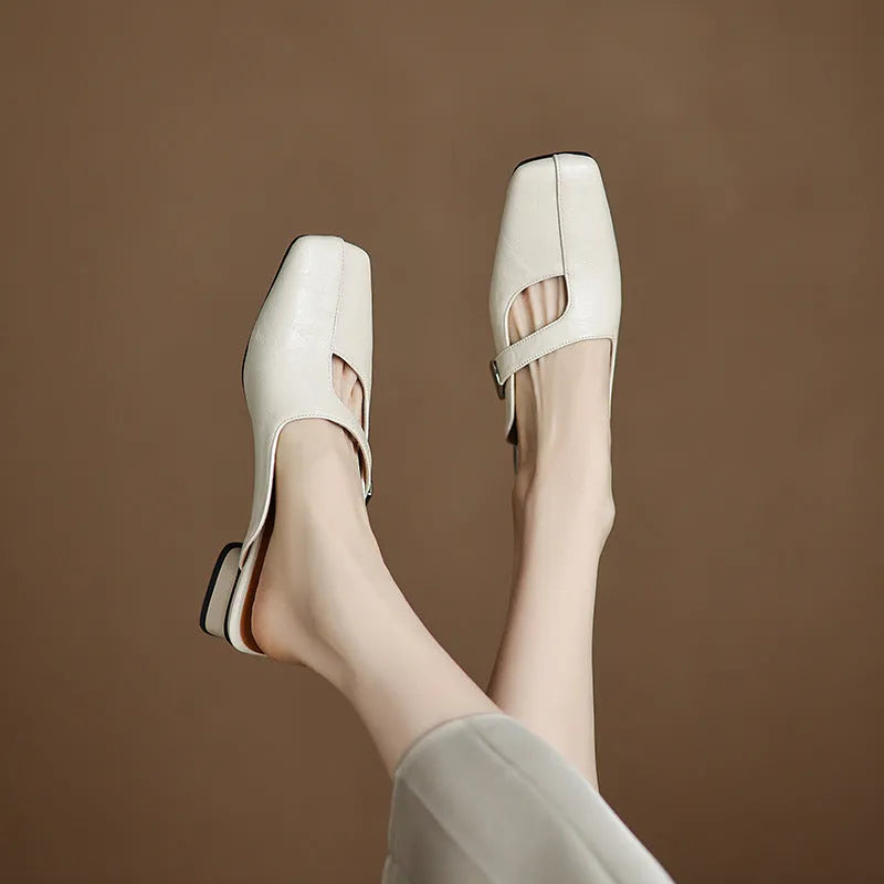 British-style square toe leisure slippers in artificial PU with rubber sole