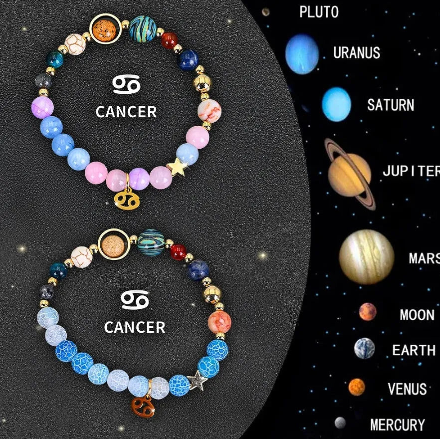 Natural stone beaded bracelets for the twelve zodiac signs laid out in a set.